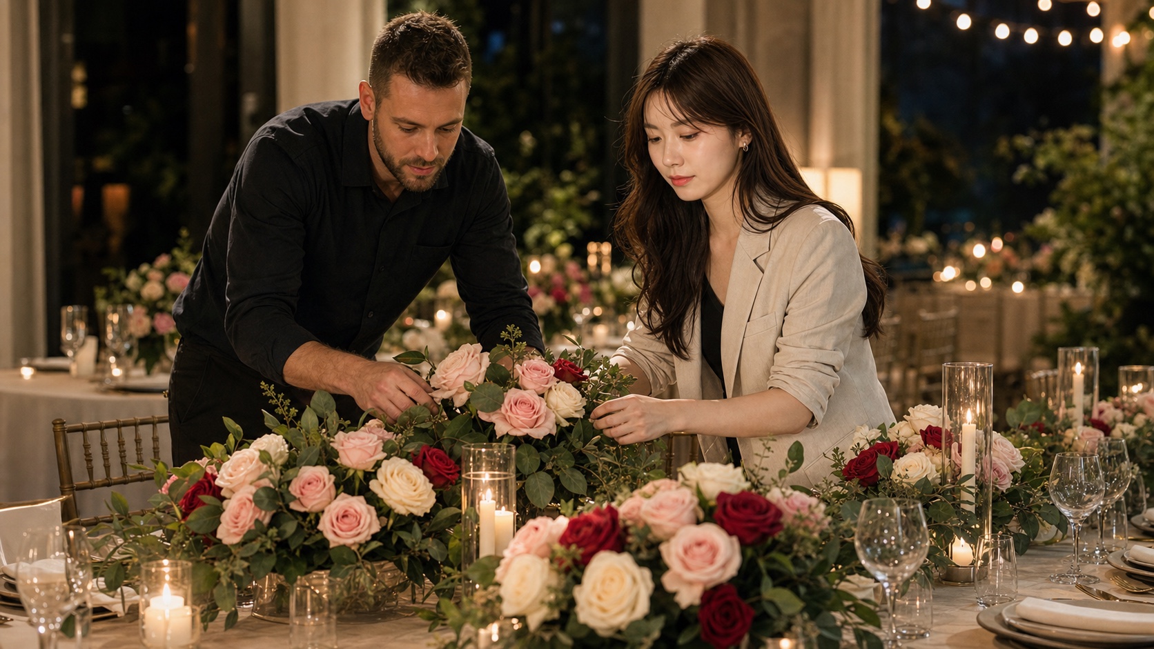 宴会现场花艺师整理玫瑰桌花