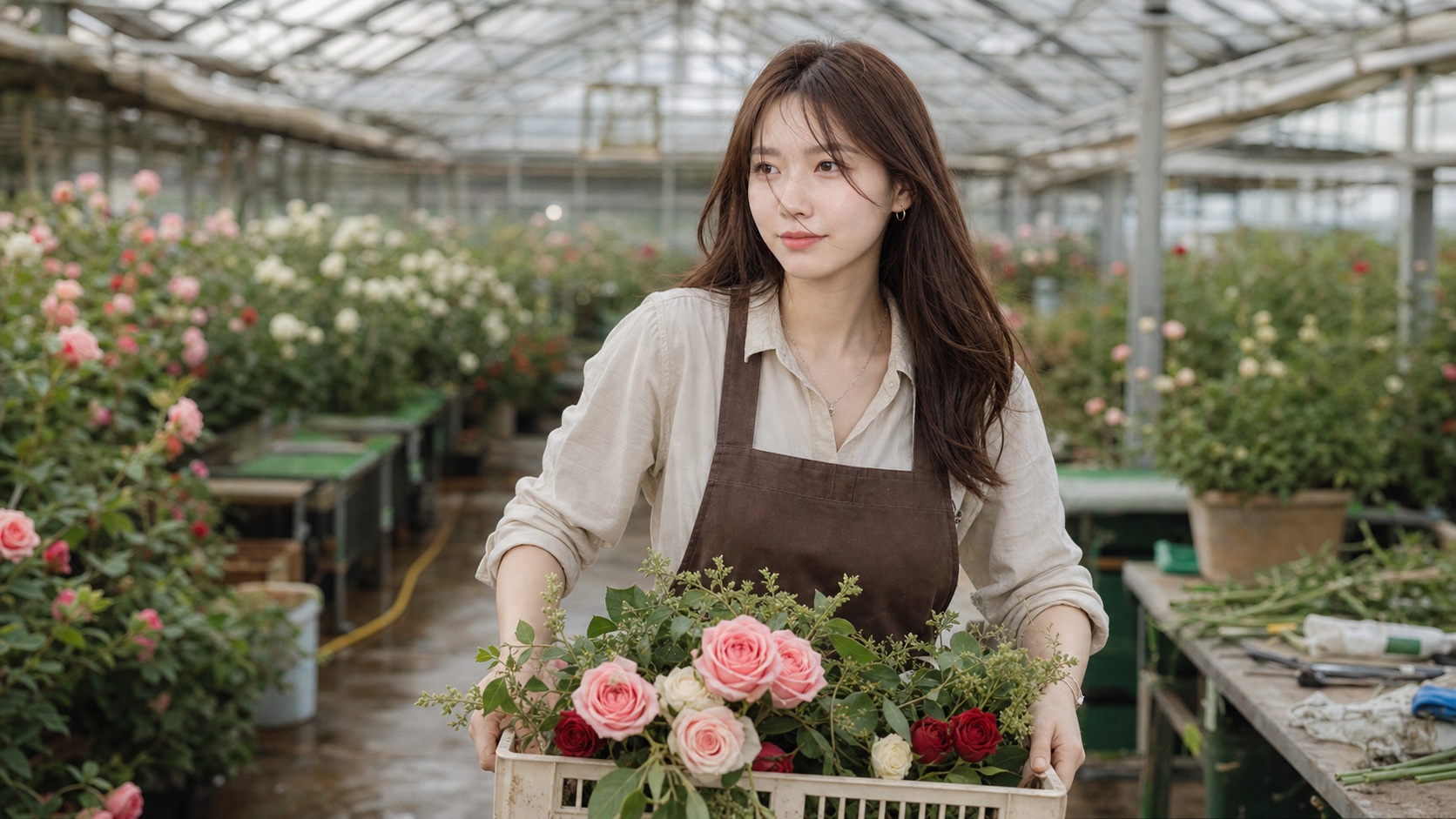 花艺师在温室搬运玫瑰花箱