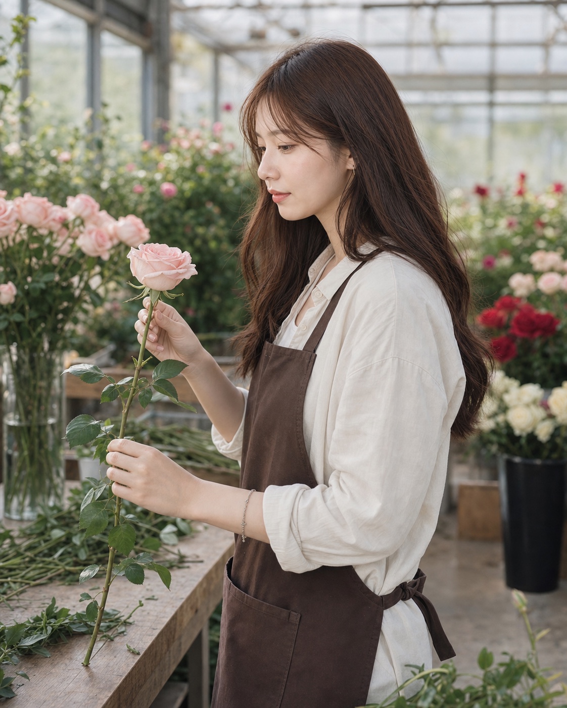花艺师侧脸检查浅粉玫瑰