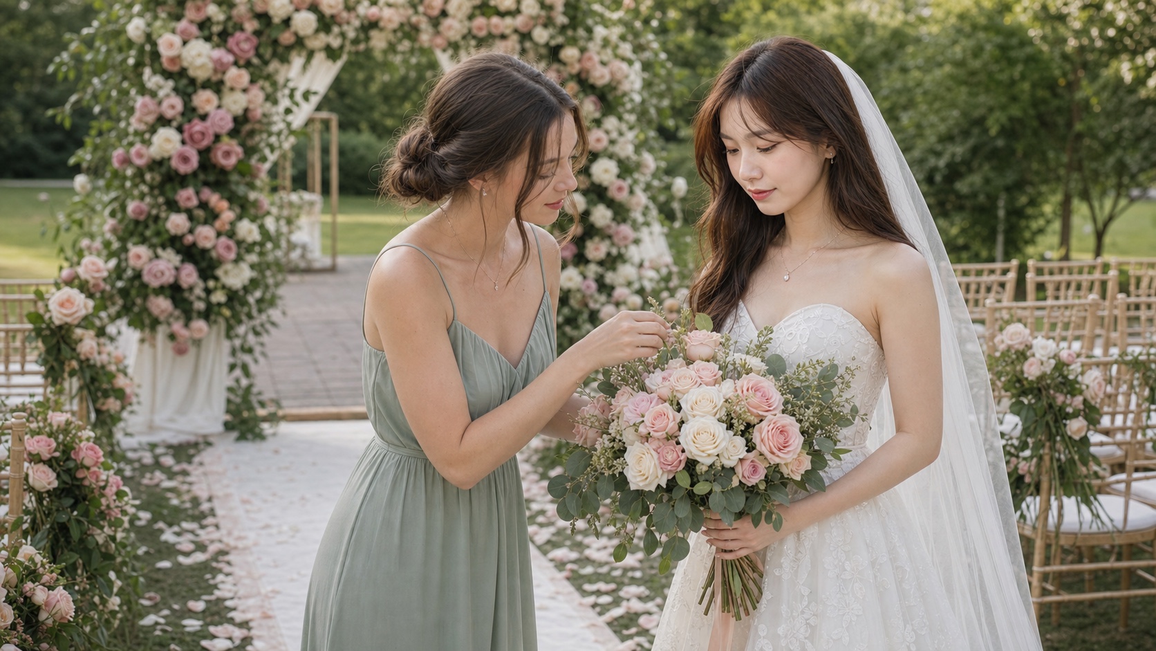 婚礼现场新娘手持玫瑰花束